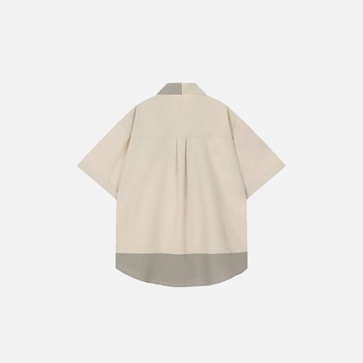 Back view of the khaki Y2k Loose Patchwork Shirt in a gray background
