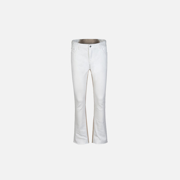 Front view of the white Dual-Tone Wave Flare Jeans in a gray background