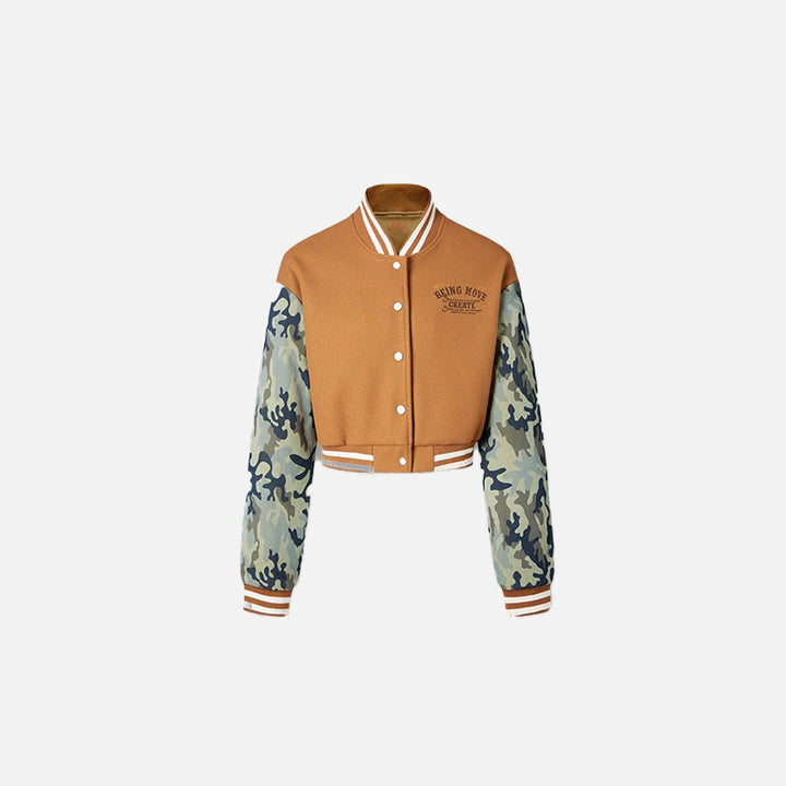 Front view of the camel Women's Camouflage Varsity Jacket in a gray background