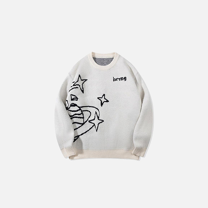 Front view of the white Cosmic Graphic Sweater in a gray background