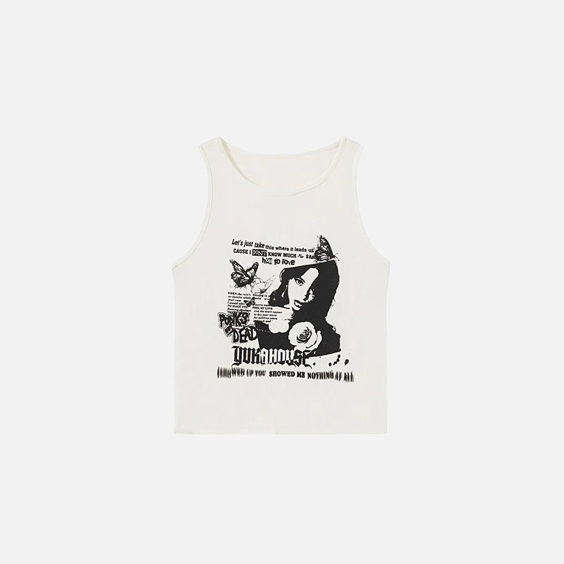 Front view of the white Graphic Print Punk Tank Top in a gray background