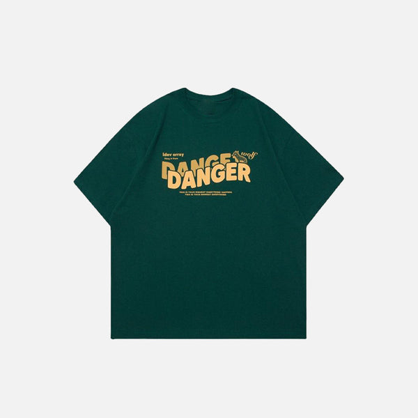 Front view of the dark green Loose Danger Printed T-shirt in a gray background 