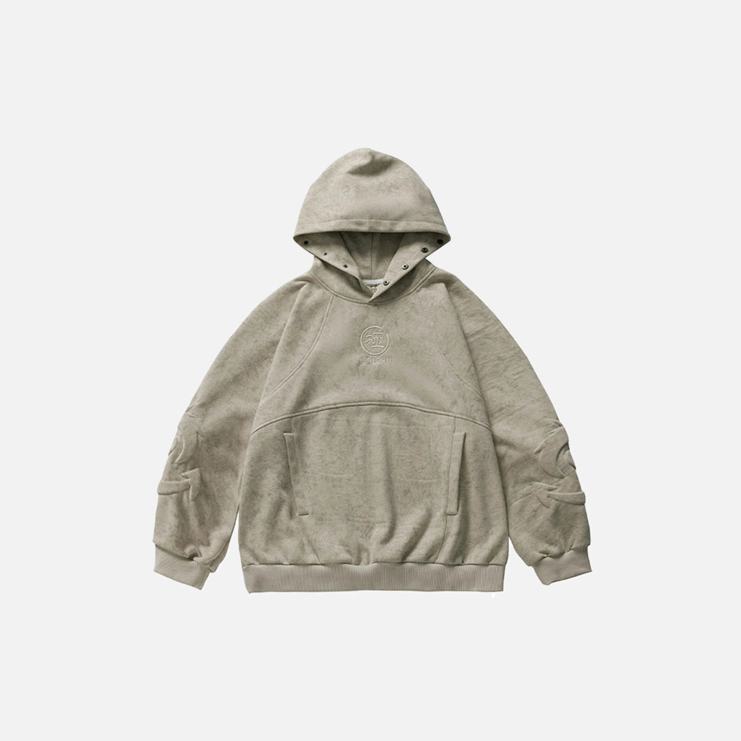 Front view of the beige Vintage Stitch Hoodie in a gray background