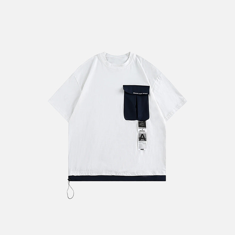 Front view of the white Y2k Loose Pocket T-shirt in a gray background