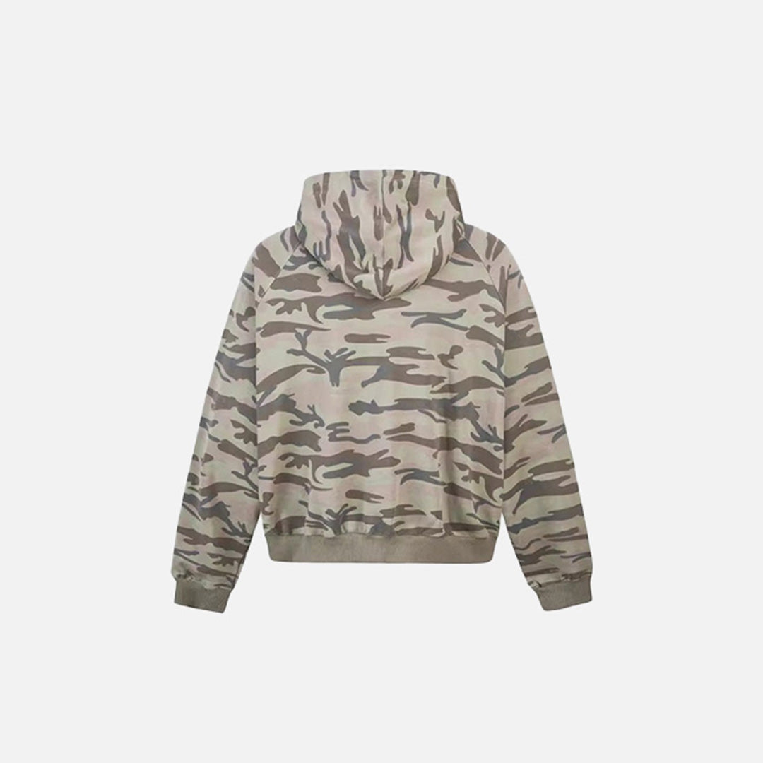 Back vew of the Graphic Print Camouflage Hoodie in a gray background