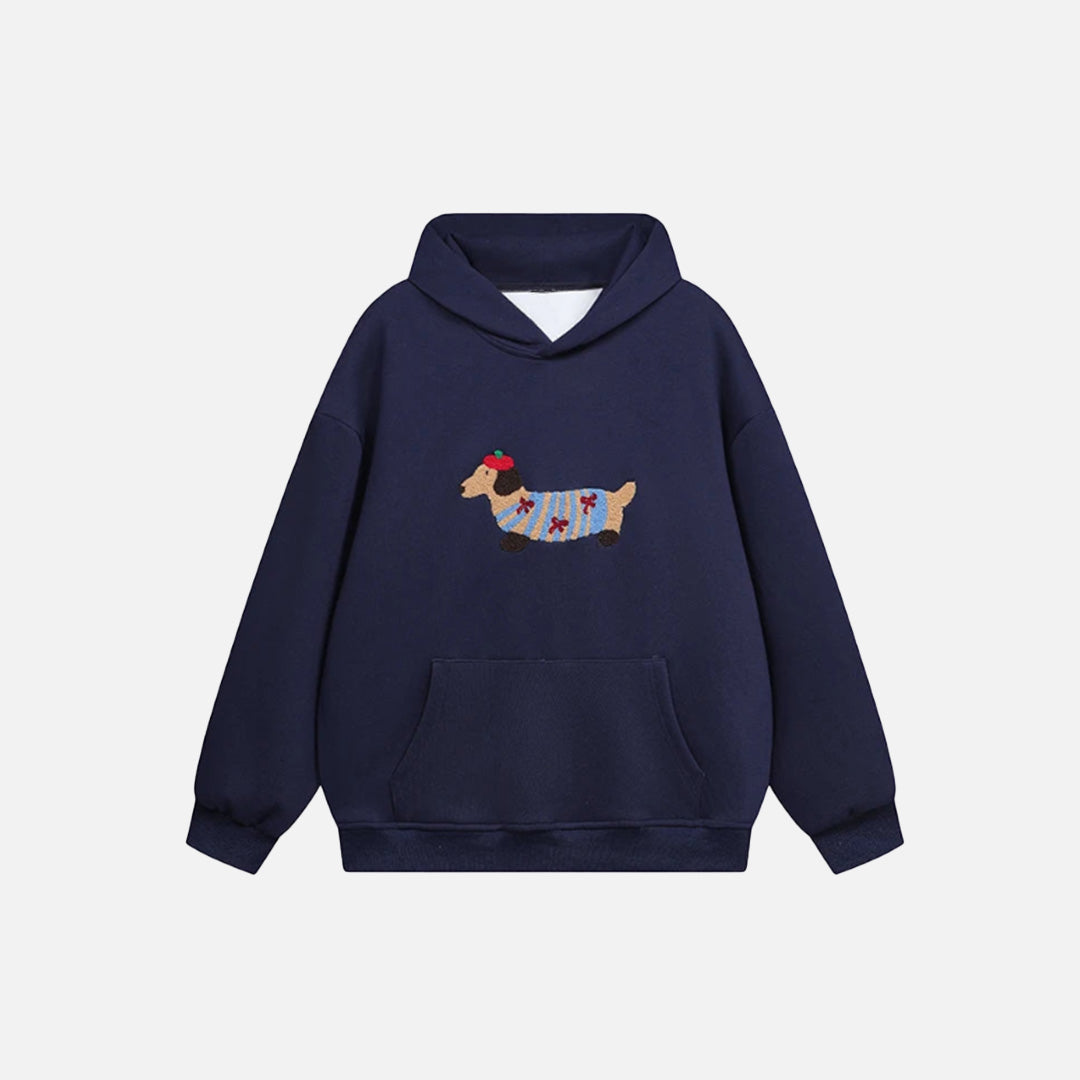 Front view of the navy blue Dachshund Embroidered Hoodie in a gray background