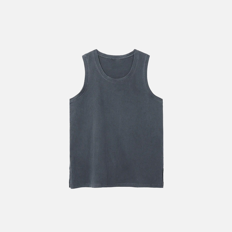 Front view of the dark grey Side Slit Unisex Sleeveless T-shirt in a gray background 