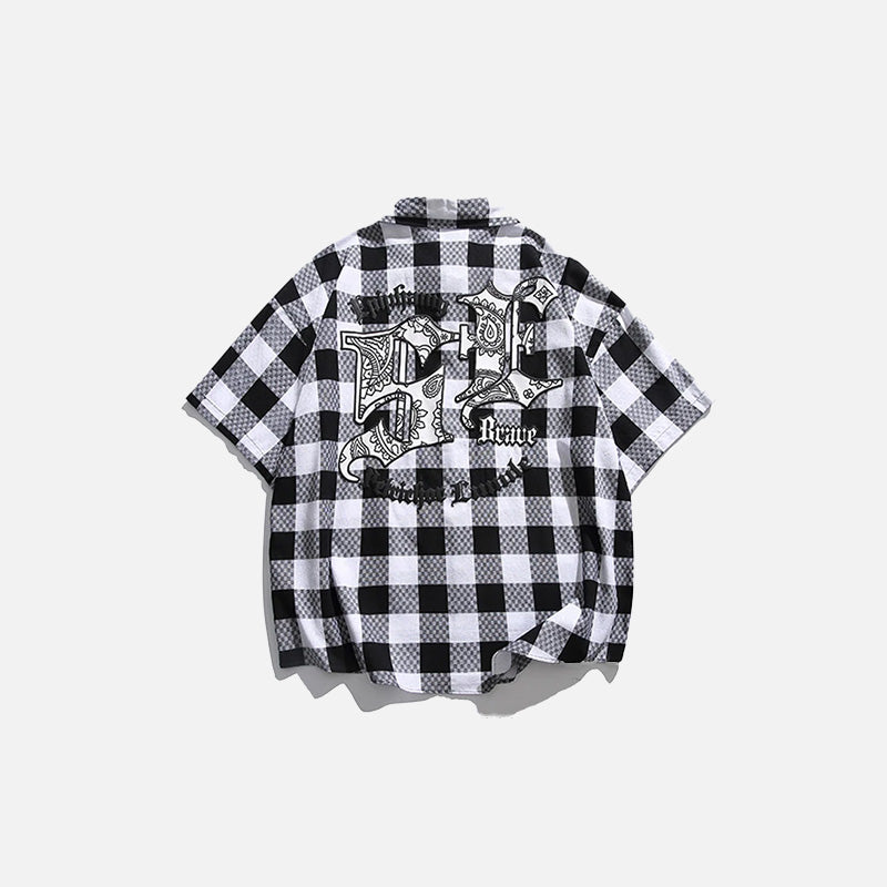 Back view of the black Chess Plaid Embroidery Shirt in a gray background