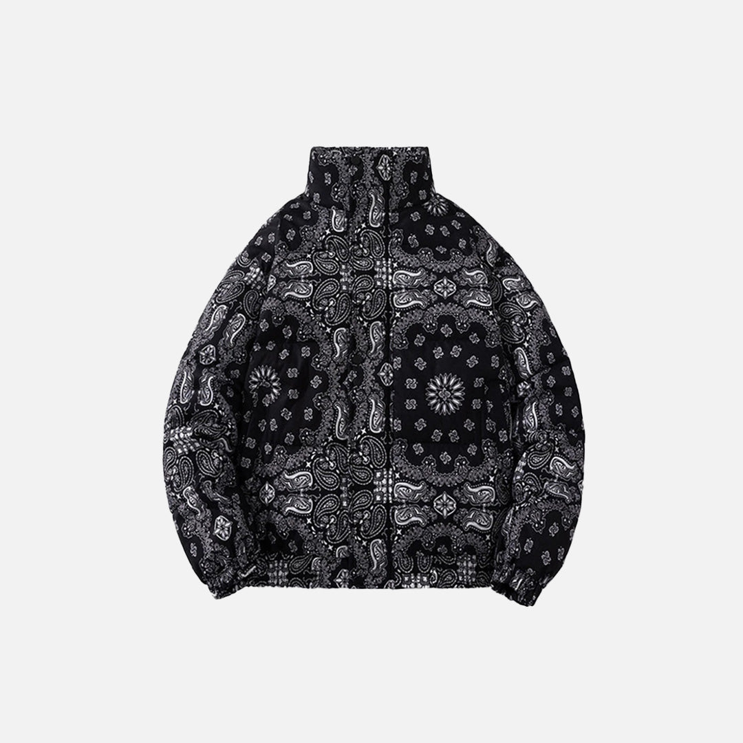 Front view of the black Patchwork Paisley Puffer Jacket in a gray background