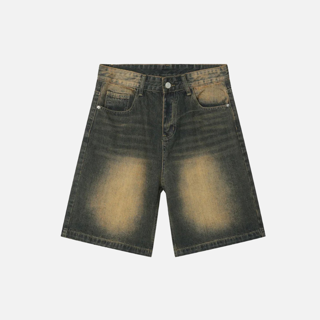 Front view of the green Retro Chic Denim Shorts in a gray background