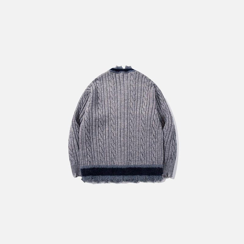 Back view of the grey Vintage Trim Cable Sweater in a gray background