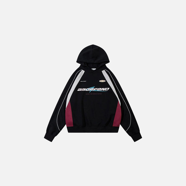 Front view of the black Speedway Graphic Hoodie in a gray background