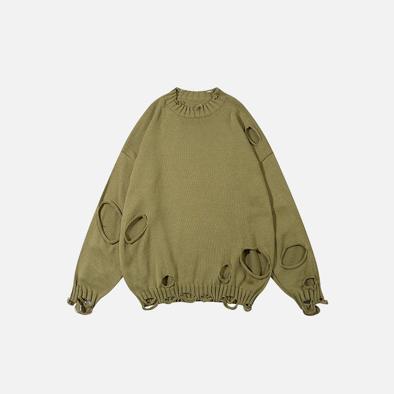 Front view of the green Loose Ripped Hole Solid Color Sweater in a gray background