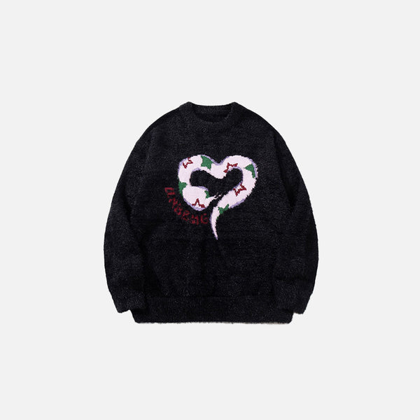 Front view of the black Heart Serpent Knit Sweater in a gray background