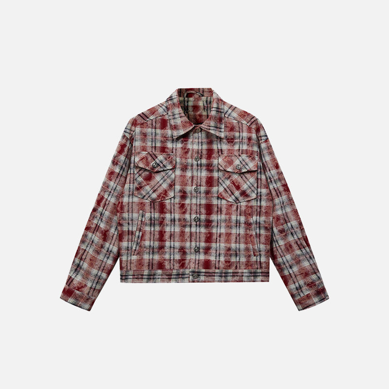 Front view of the red Loose Plaid Tie-Dye Shirt in a gray background 