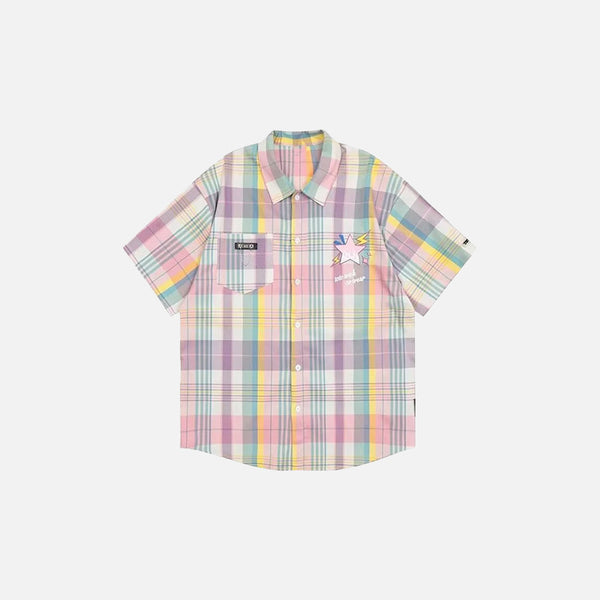 Front view of the pink Vintage Loose Plaid Shirt in a gray background