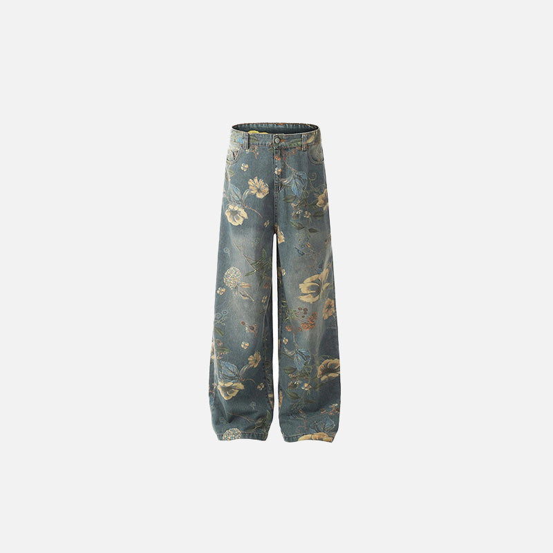 Front view of the blue Floral Fantasy Jeans in a gray background