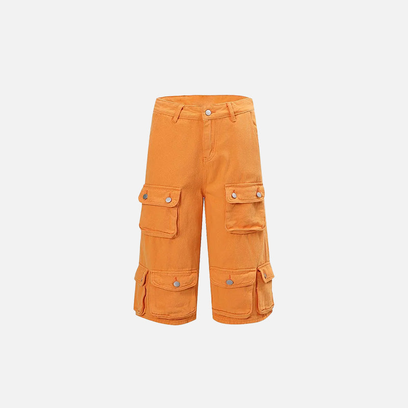 Front view of the orange Heavy-duty Multi-pocket Cargo Jorts in a gray background 