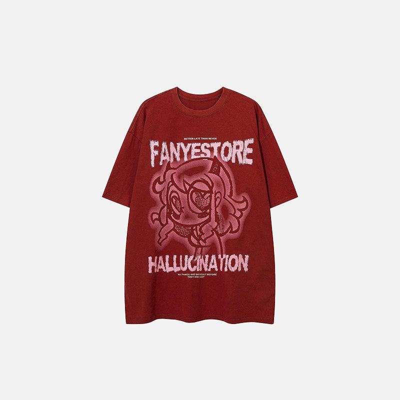 Front view of the red Hallucination Anime Girl T-shirt in a gray background 