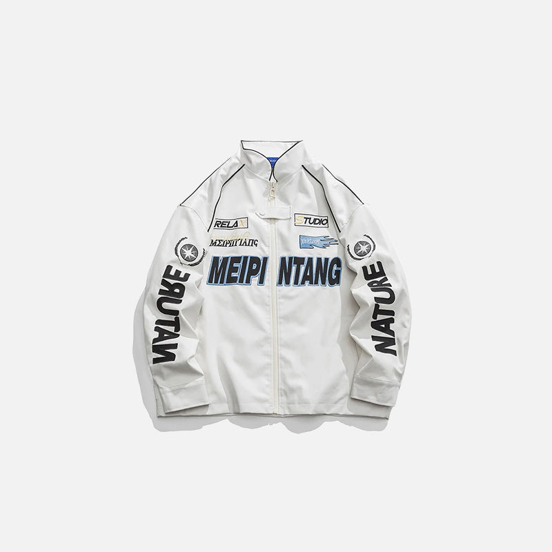 Front view of the white Galactic Drift Jacket in a gray background