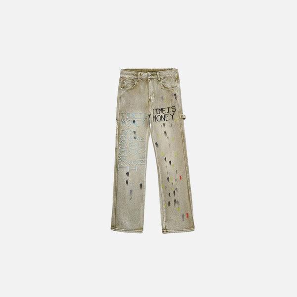 Letter Paint Embroidered Washed Jeans