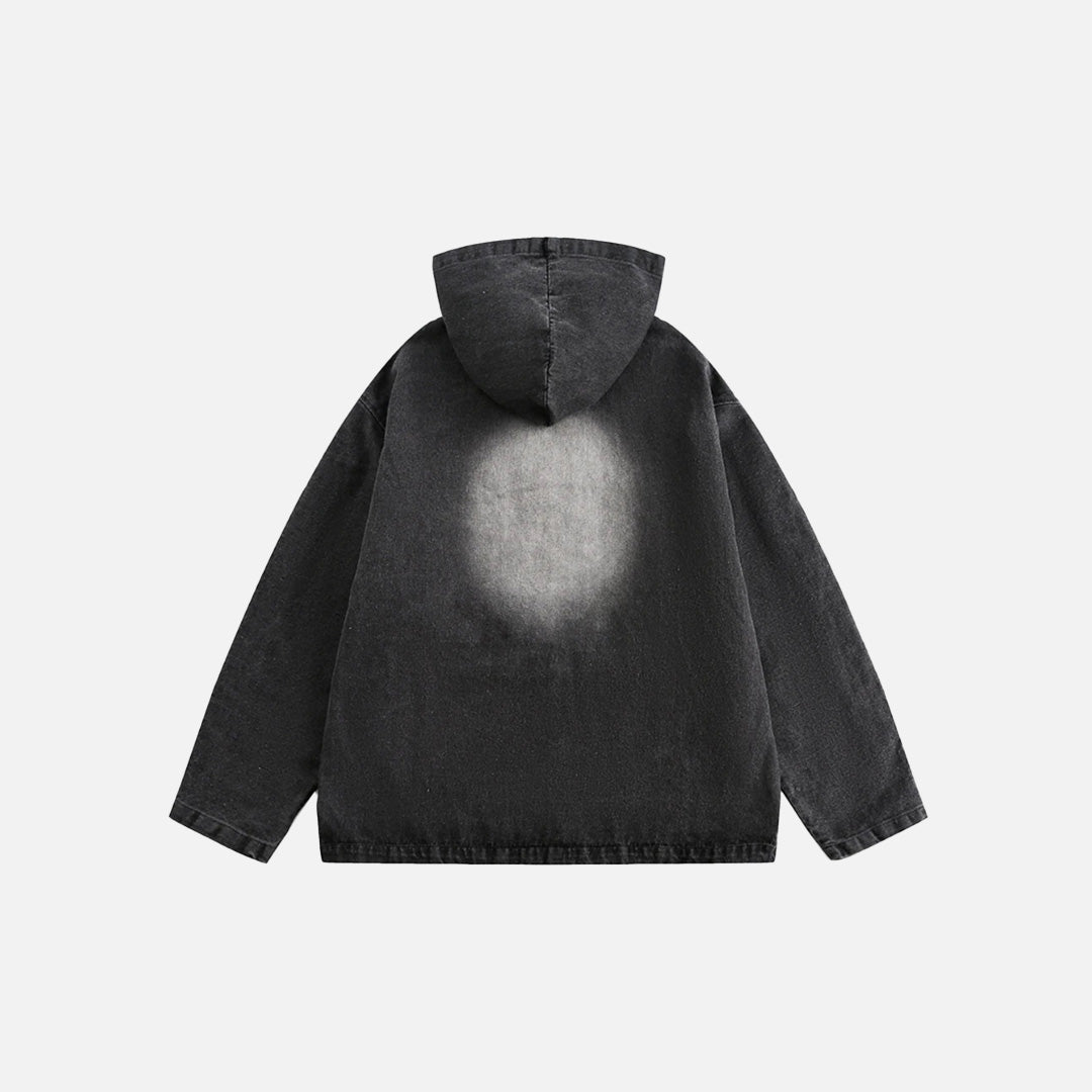 Back view of the black Embroidered Number Hooded Jacket in a gray background