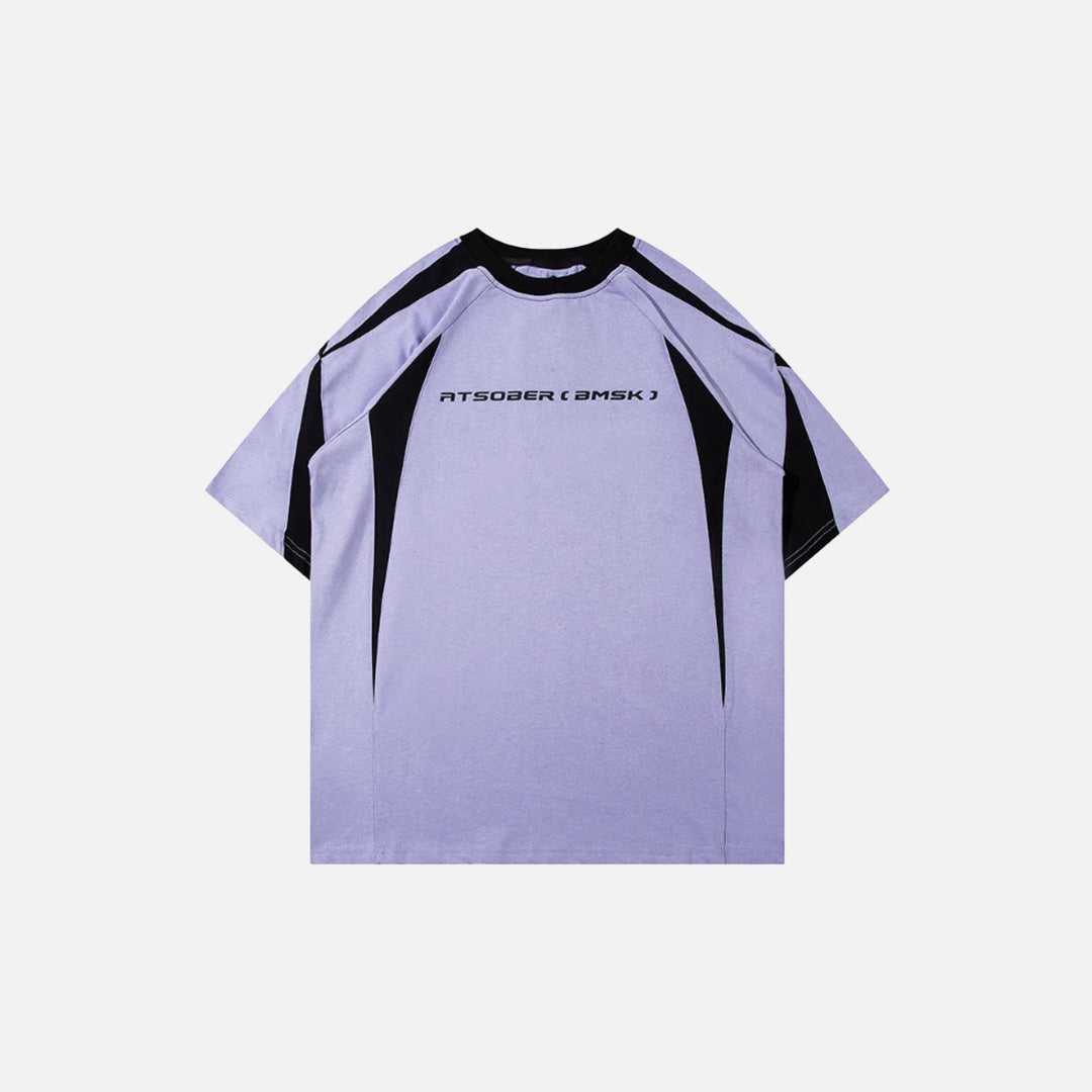 Front view of the purple Sharp Split Panel T-shirt in a gray background