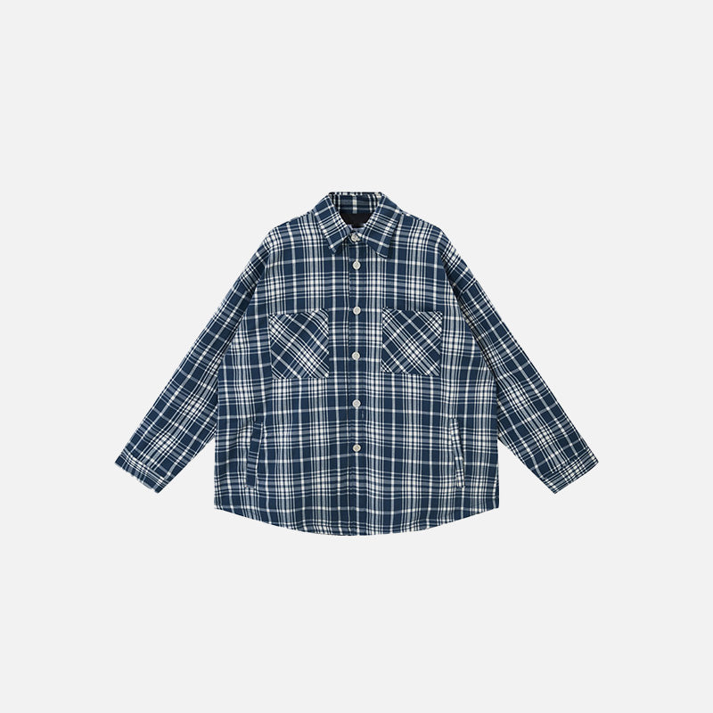 Front view of the blue Loose Retro Plaid Shirt in a gray background