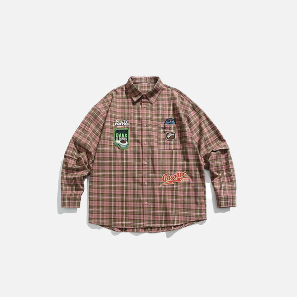 Front view of the brown Vintage Loose Plaid Varsity Shirt in a gray background 