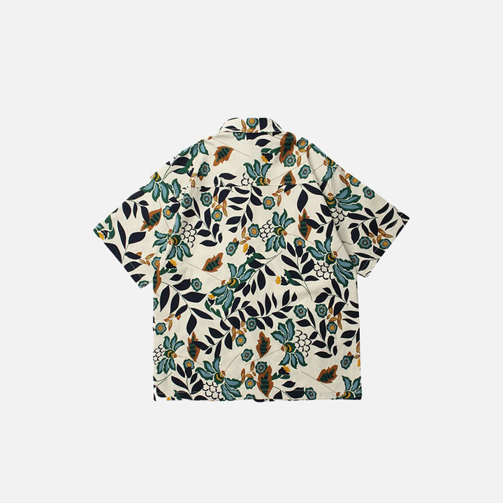 Back view of the blue Y2k Floral Aloha Shirt in a gray background