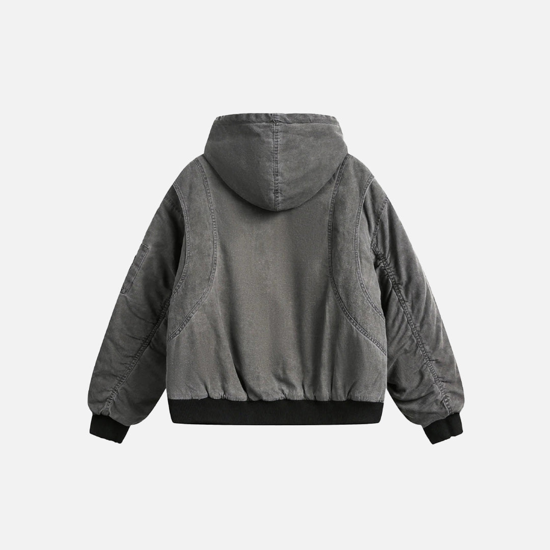 Back view of the gray Structured Utility Hoodie Jacket in a gray background