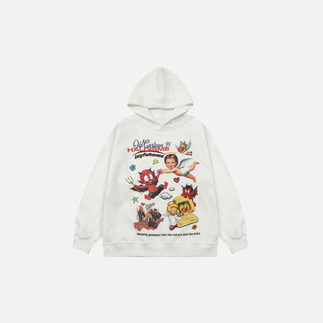 Front view of the white Nostalgic Animation Hoodie in a gray background