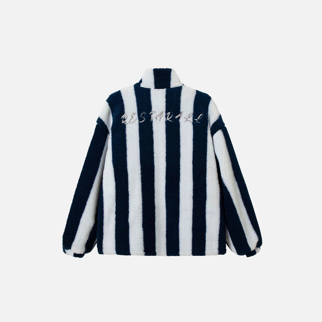 Back view of the blue Vintage Striped Fleece Jacket in a gray background