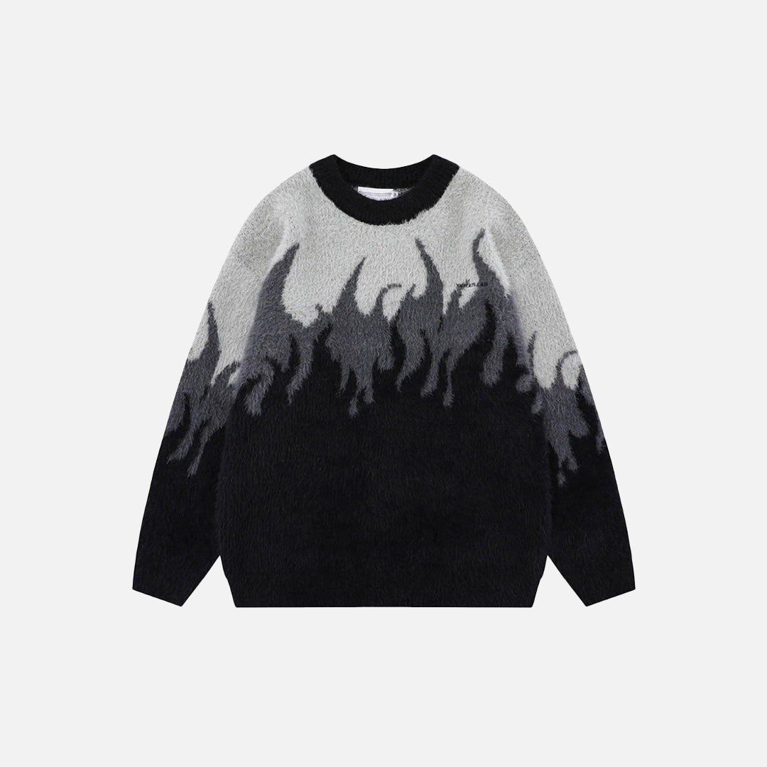 Front vew of the black Inferno Fade Sweater in a gray background