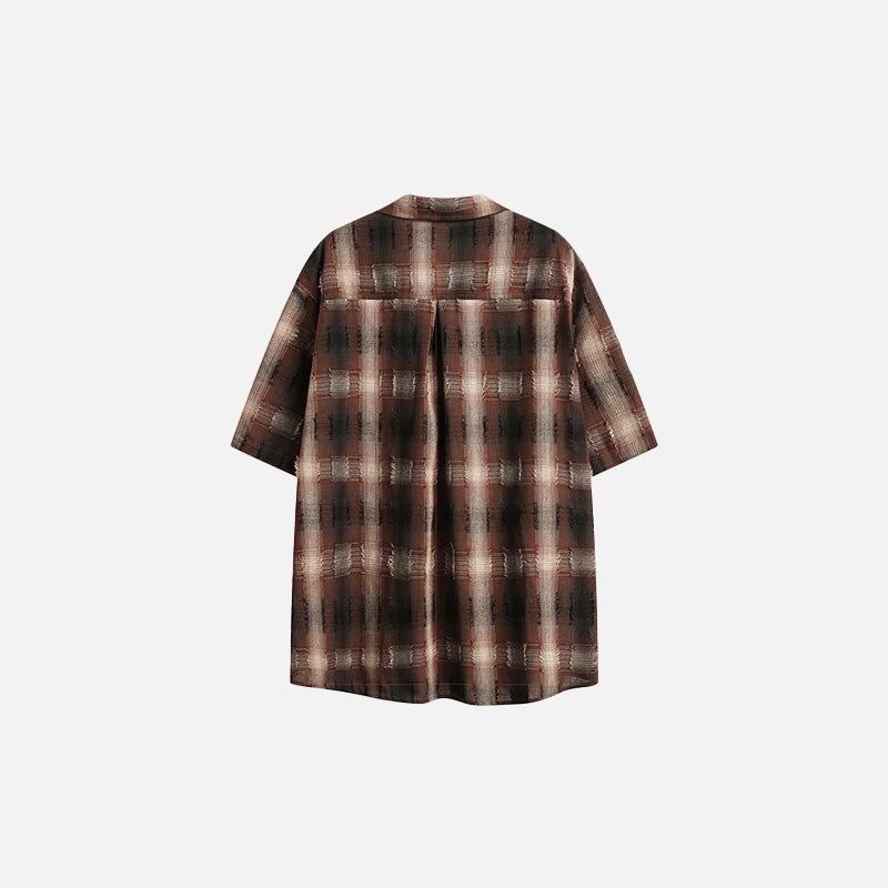 Back view of the coffee Women's Plaid Short-Sleeve Shirt in a gray background