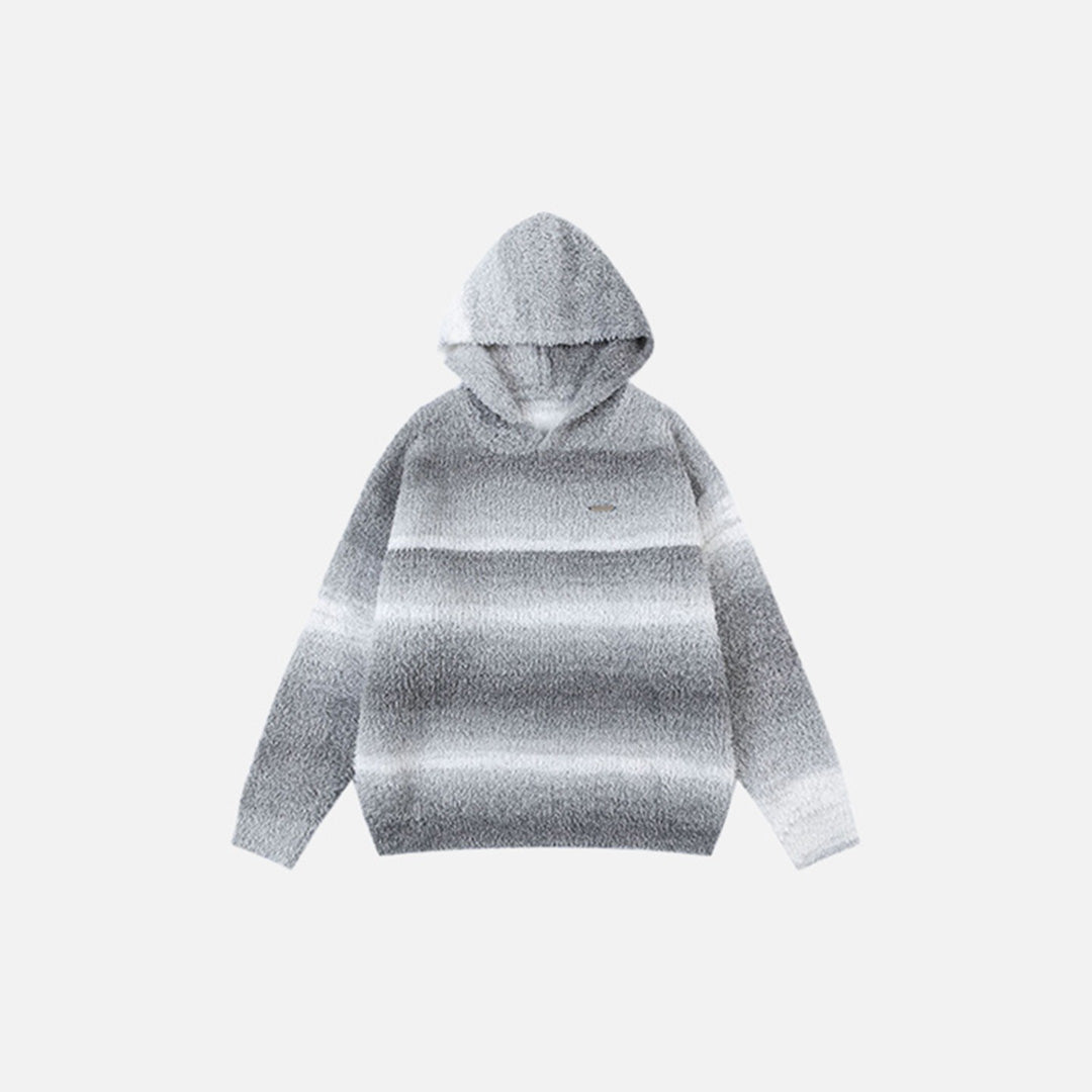 Front view of the gray Cozy Striped Knit Hoodie in a gray background