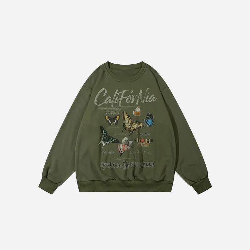 Front view of the green California Butterfly Garden Sweatshirt in a gray background