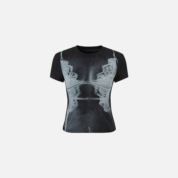 Front view of the black Y2k Women's Printed T-shirt in a gray background