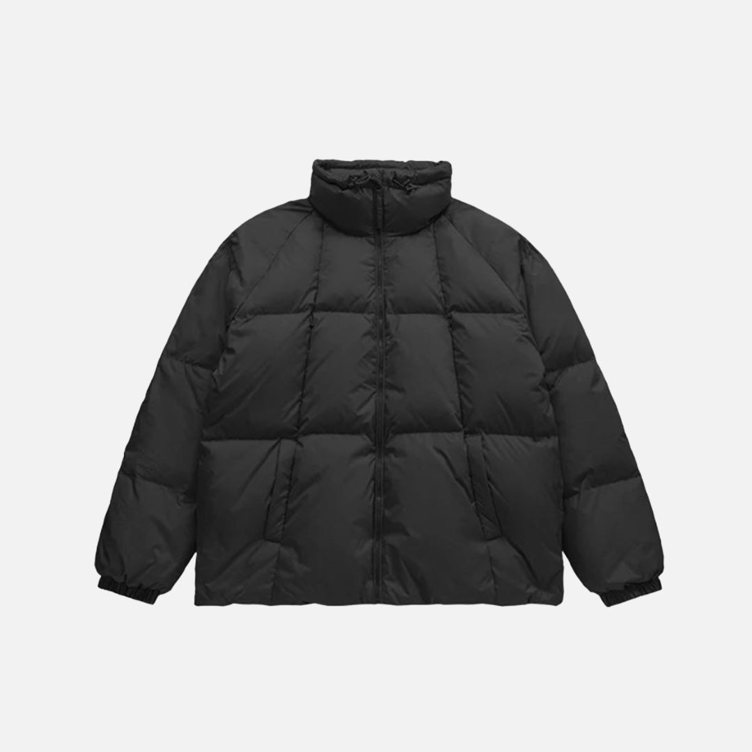 Front view of the black High-Neck Puffer Jacket in a gray background