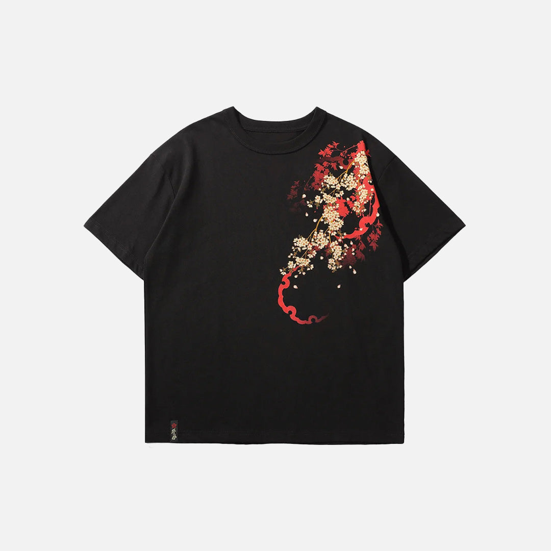 Front view of the black Samurai Spirits With Blossoms T-shirt in a gray background