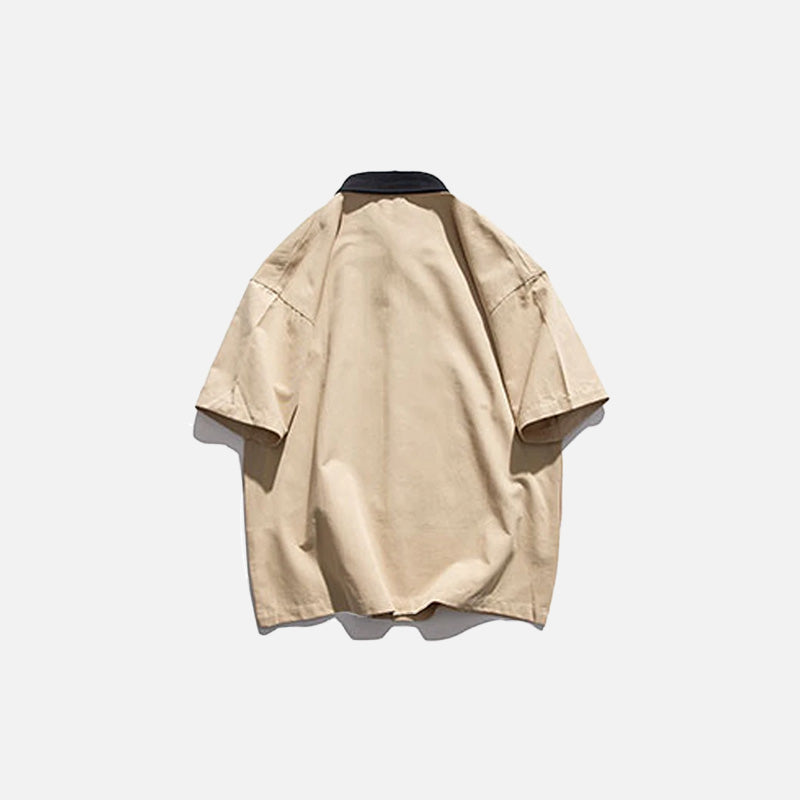 Back view of the khaki Space Patchwork Shirt in a gray background 