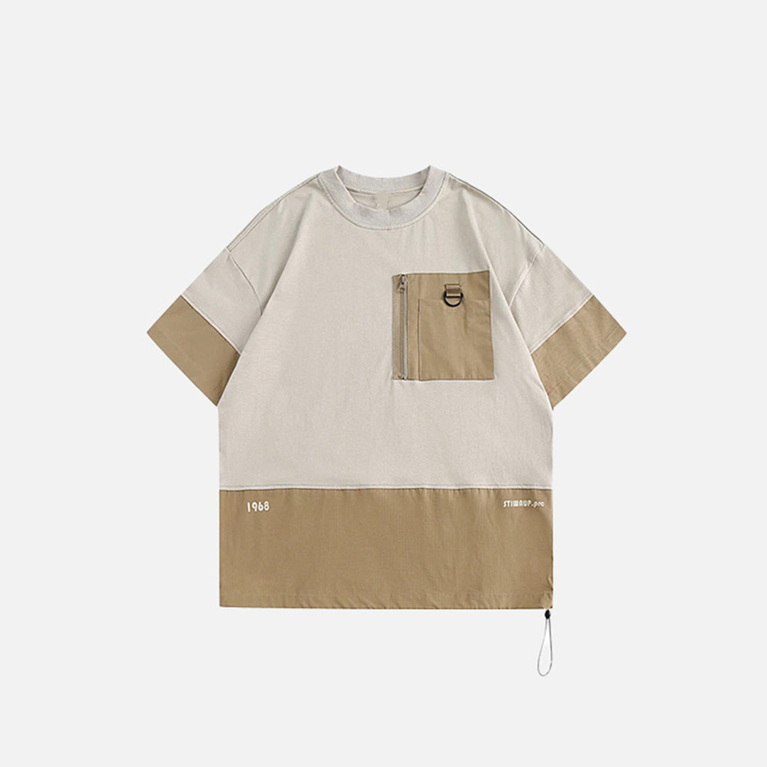 Front view of the beige Modern Contrast Pocket T-shirt in a gray background