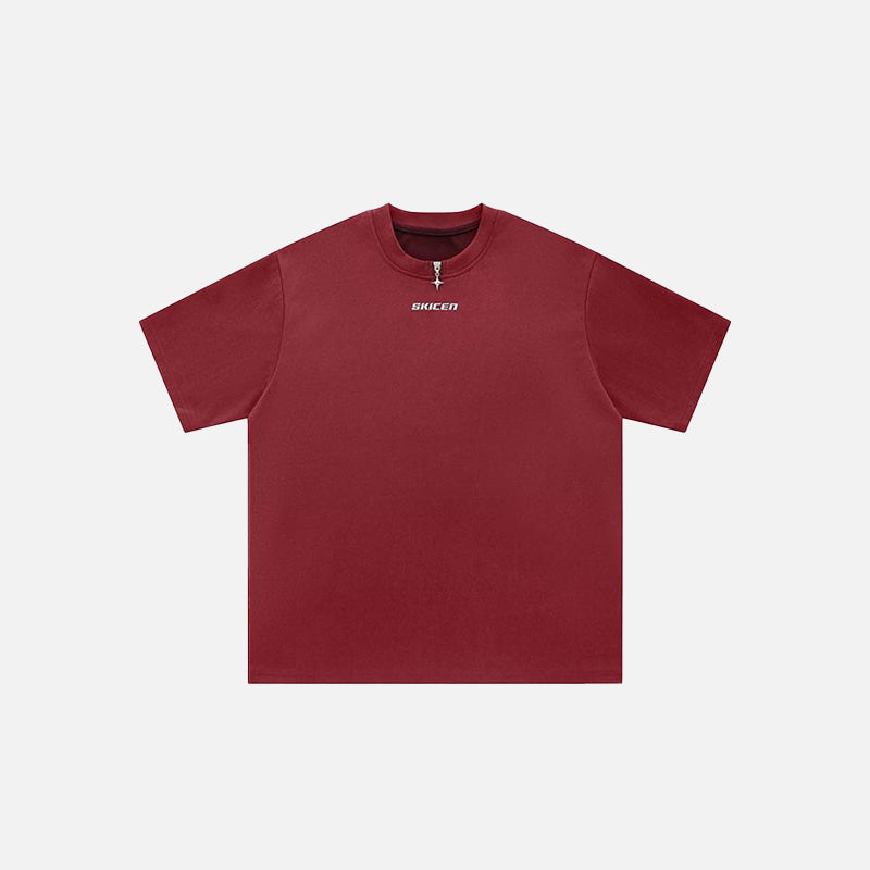 Front view of the red Zipper Loose Oversized T-shirt in a gray background