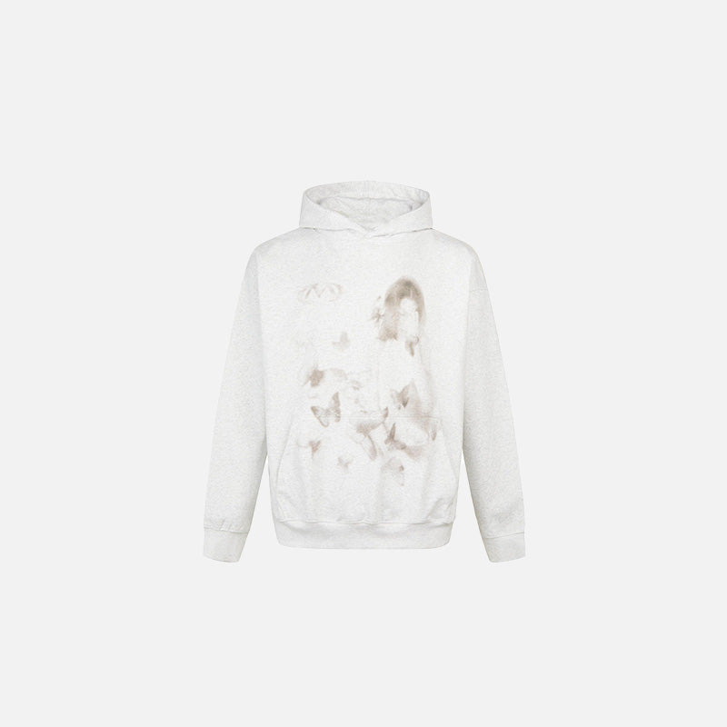 Front view of the white Dreamy Portrail Graphic Hoodie in a gray background