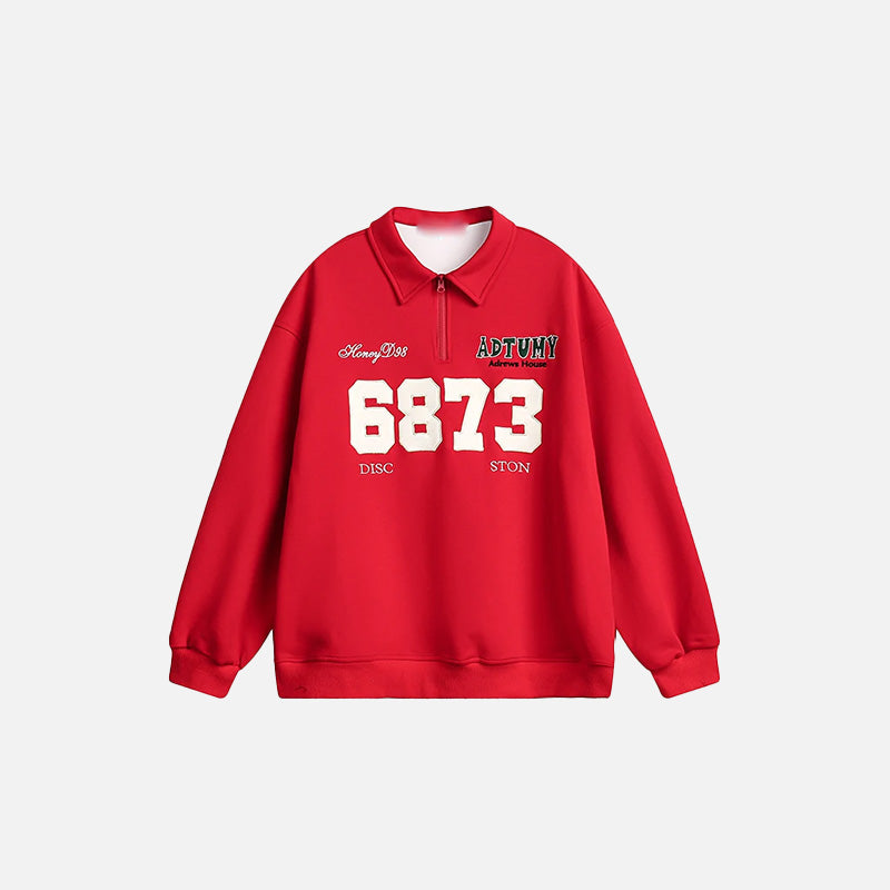 Front view of the red Y2K Loose Sports Sweatshirt in a gray background