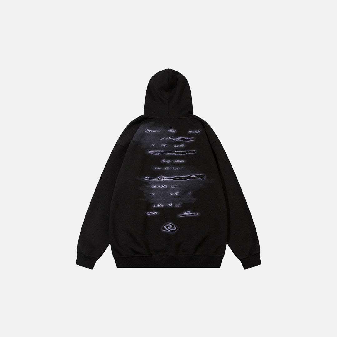 Back view of the black Y2K Mystic Shadows Hoodie in a gray background