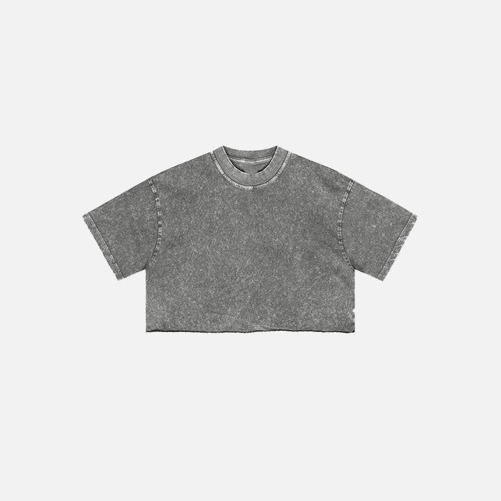 Front view of the gray Women's Retro Washed Distressed T-shirt in a gray background