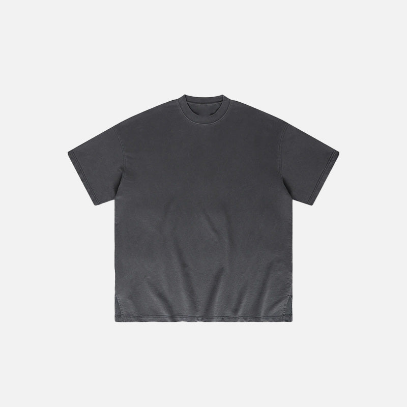 Front view of the dark grey Retro Side Slit Washed T-Shirt in a gray background 