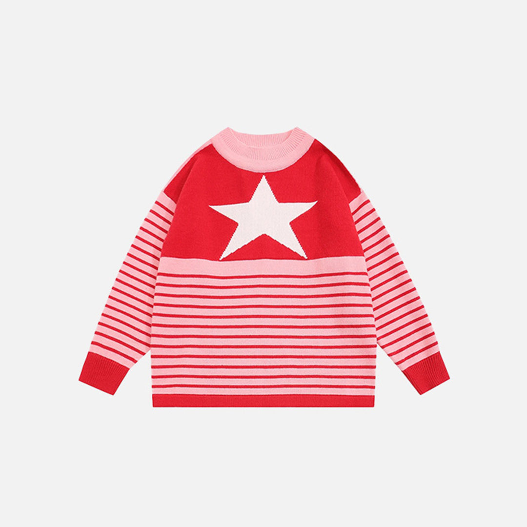 Front view of the pink Star Stripes Sweater in a gray background