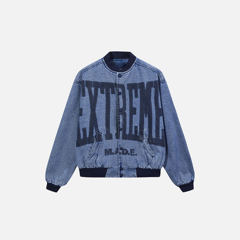 Front view of the blue Y2k Washed Denim Jacket in a gray background 